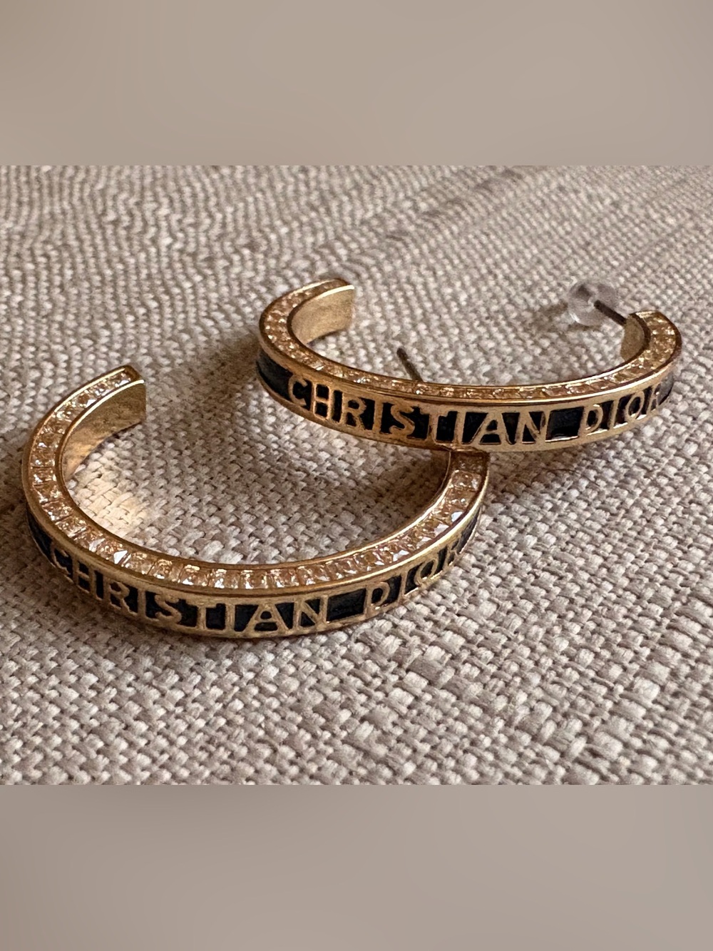 Dior Gold Hoop Earrings with Black Accents and Crystal Pavé